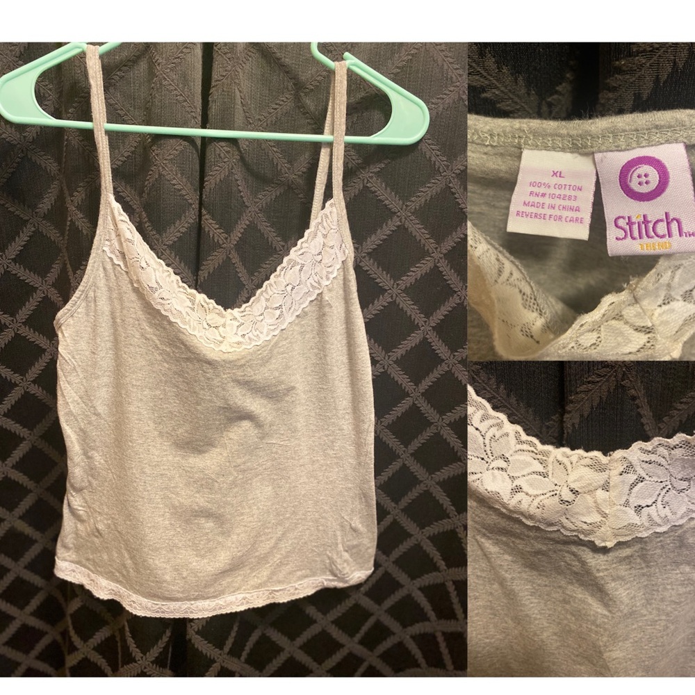 Grey w/ White Lace Trim Cami// size XL
